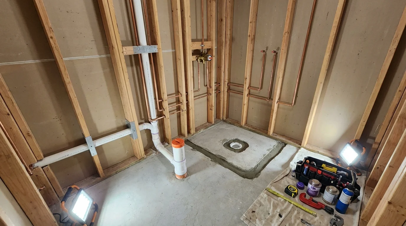 Bathroom rough-in plumbing during remodel by Johns Plumbing LLC in Fisher