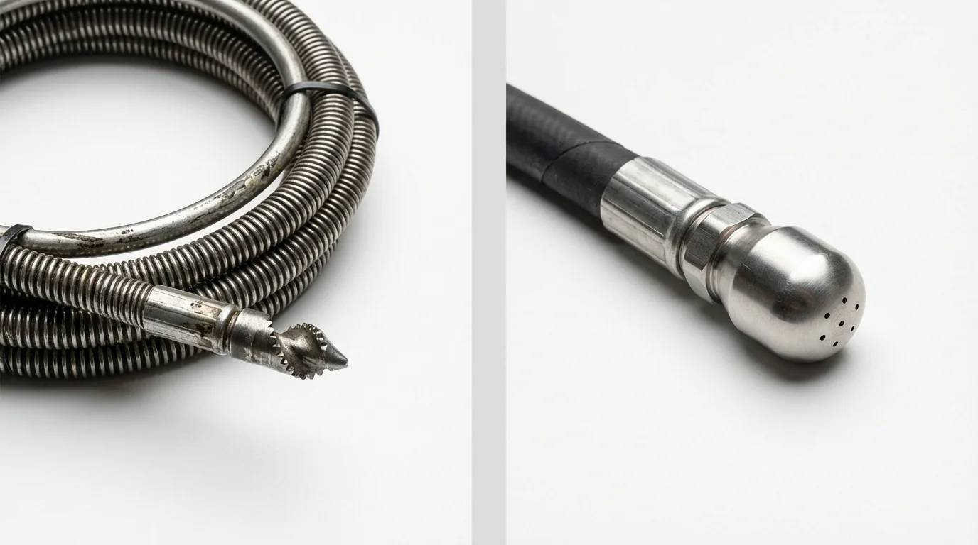 Drain snake cable and hydro jetting nozzle used for drain cleaning in Fisher, IL