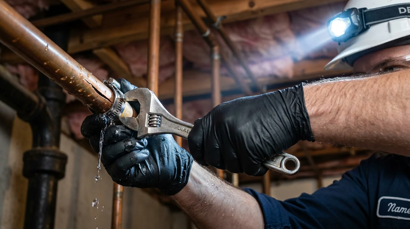 Emergency pipe clamp repair being performed by a Johns Plumbing LLC plumber in Fisher