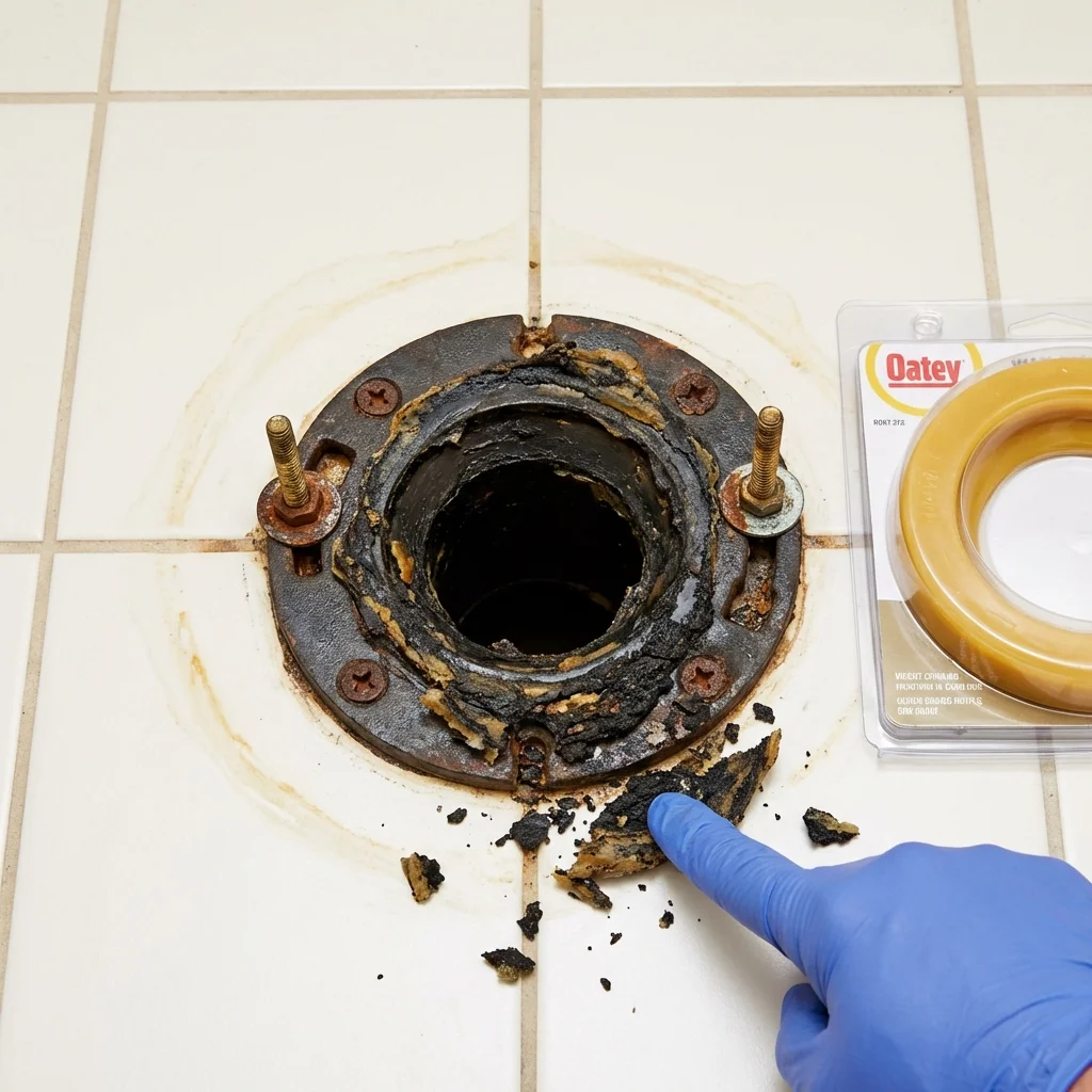 Failed wax ring showing water seepage at the base of a toilet in a Fisher, IL home