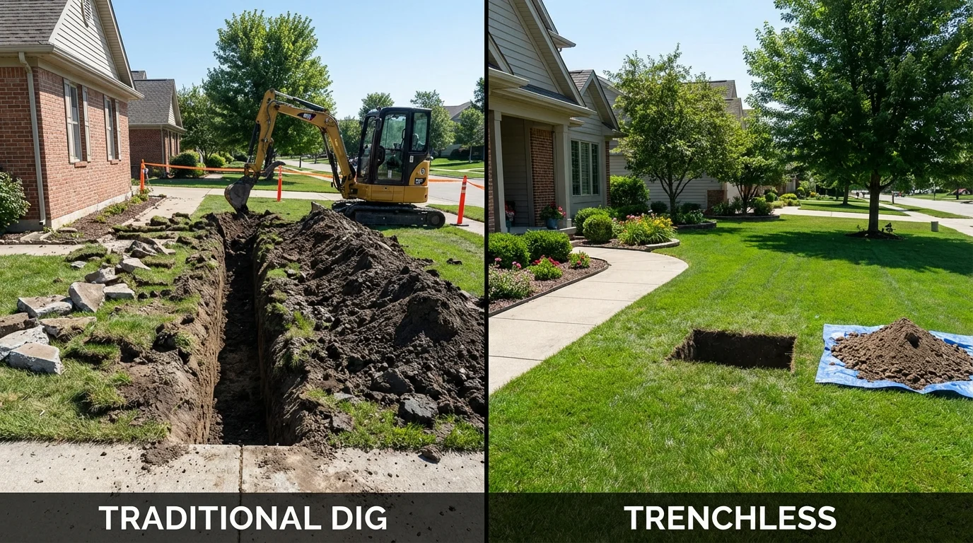 Trenchless sewer repair with minimal yard damage versus traditional excavation in Fisher, IL
