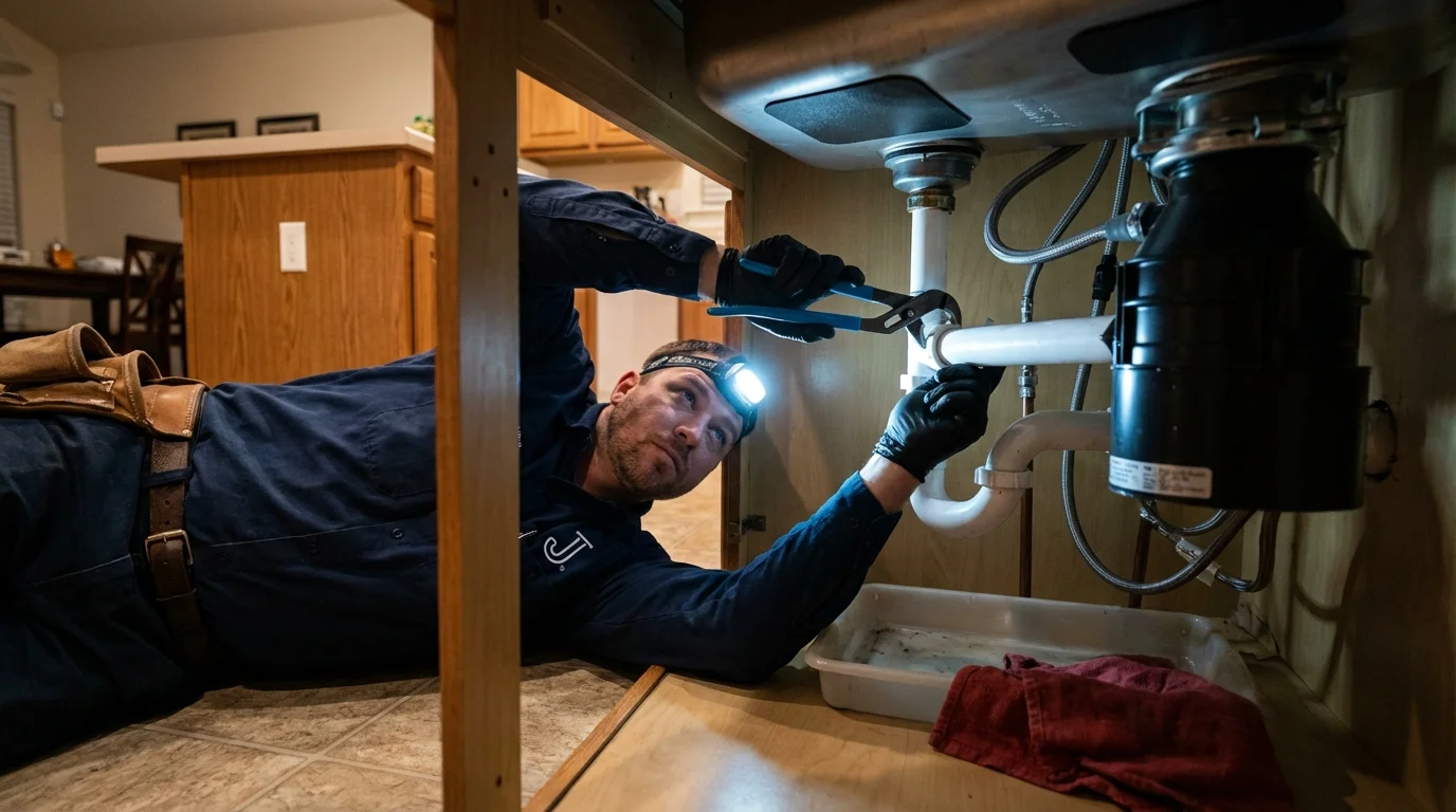 P-trap and supply line connections under a kitchen sink showing a common leak point in Fisher, IL